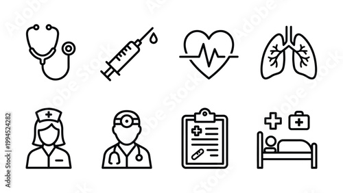 Healthcare professional and medical icons with hospital bed medical cross public health graphic resource healthcare stethoscope clipboard profession illustration collection technology
