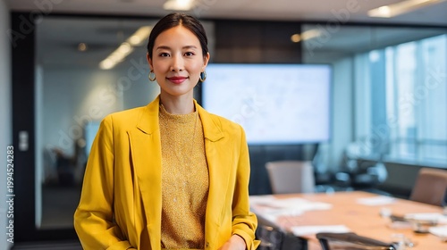 Professional Asian businesswoman wearing a yellow blazer standing in a modern corporate office meeting room