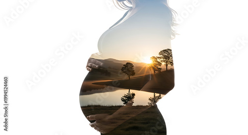 Pregnant woman silhouette filled with a serene sunrise landscape, double exposure effect, new life concept