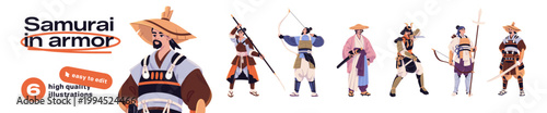 Samurais in armor set. Ancient Japanese warriors in armour. Medieval Chinese soldiers with weapons. Men and women fighters with katana, spear, and bow. Flat isolated vector illustrations on white