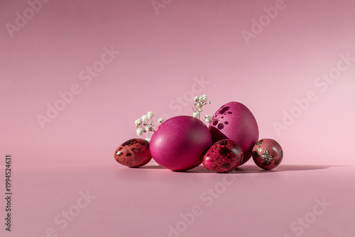 A beautiful still life and card with colorful eggs.
