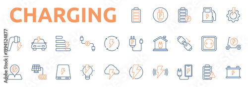 Charging And Power icon set color outline style with battery, plug, charging, fuel, efficiency, cable, connector, socket icons