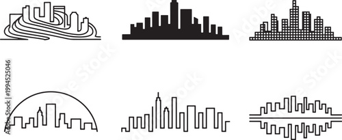 Diverse urban cityscape, set of 6, illustrations with modern minimalist styles