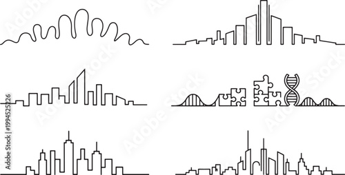 Minimalist line art, set of 6, city skylines and abstract elements with dna, puzzle