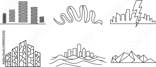 Minimalist vector icons of abstract cityscapes, mountains, and waveforms with waveform