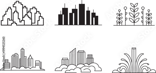 Minimalist vector illustrations, set of 6, of cityscapes and plants with cityscape