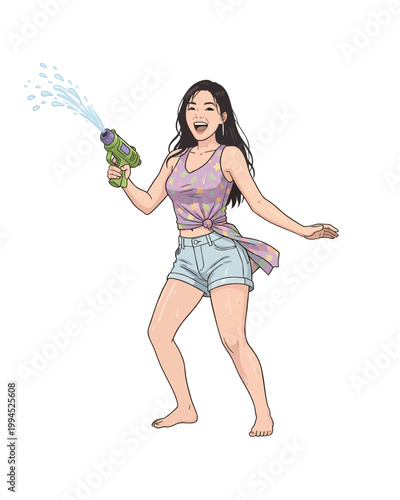 Flat style illustration, people enthusiastically celebrate the Songkran festival moment