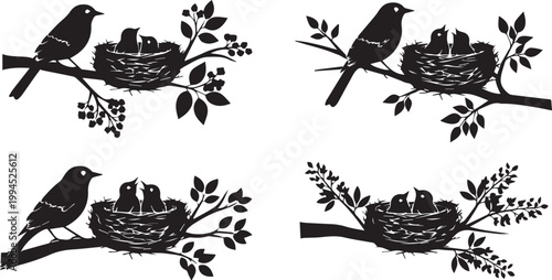 Mother Bird Feeding Babies in Nest Illustration