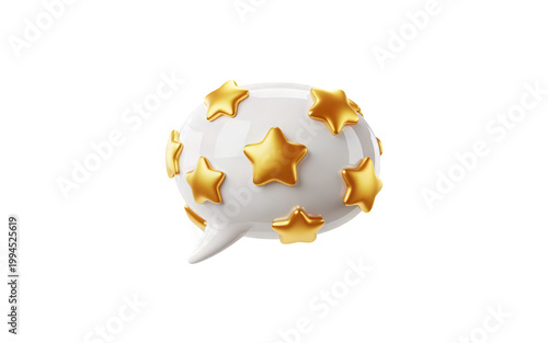 A sleek 3D rendered white speech bubble adorned with multiple shiny golden stars, symbolizing excellent reviews and top quality rating on transparent background. on transparent background