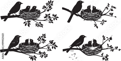 Mother Bird Feeding Babies in Nest Illustration