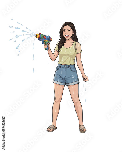 Flat style illustration, people enthusiastically celebrate the Songkran festival moment