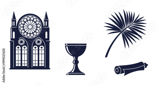Religious icons with gothic cathedral chalice palm and scroll