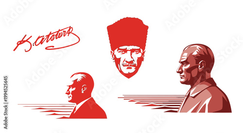 Red vector portraits and signature of Mustafa Kemal Ataturk