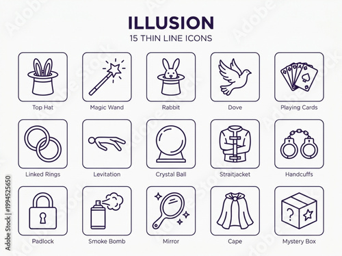 Comprehensive collection of dark blue thin line art illusion icons featuring magic performance props and classic stage trick elements