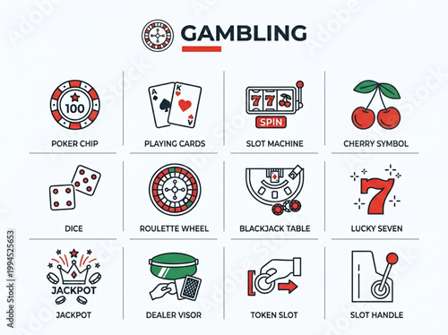 Comprehensive collection of red and black line art gambling icons showcasing casino games and betting elements on a white background