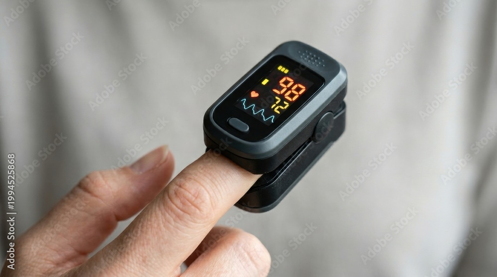 Fototapeta premium Pulse oximeter on finger displaying oxygen saturation and heart rate readings
