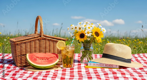 Summer picnic spread on a red and white checkered blanket, featuring a woven basket, fresh watermelon slice, iced tea, and a straw hat in a sunlit meadow