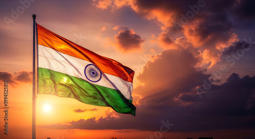 India independence day vibrant tricolor flag waving against a dramatic sunset