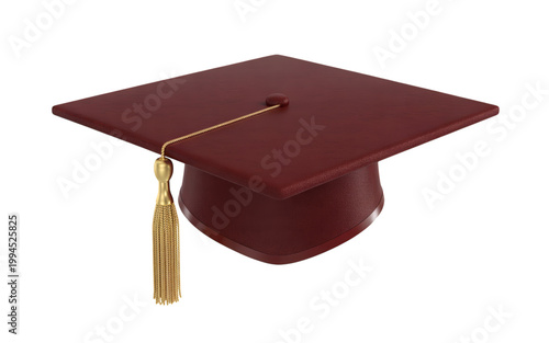 Maroon graduation cap with a shiny gold tassel representing academic success and university achievement displayed on transparent background