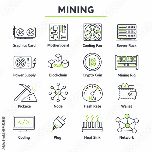 Comprehensive collection of grey and green line art cryptocurrency mining icons featuring professional hardware and blockchain concepts on a white background