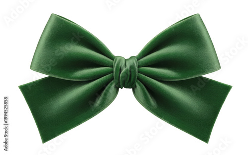 Elegant vibrant deep green satin ribbon bow featuring crisp folds and a subtle fabric texture, ideal for festive decorations, isolated digitally on transparent background. on transparent background