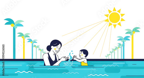 Pixel art mother and child swimming in pool under bright sun, surrounded by palm trees, summer vacation concept