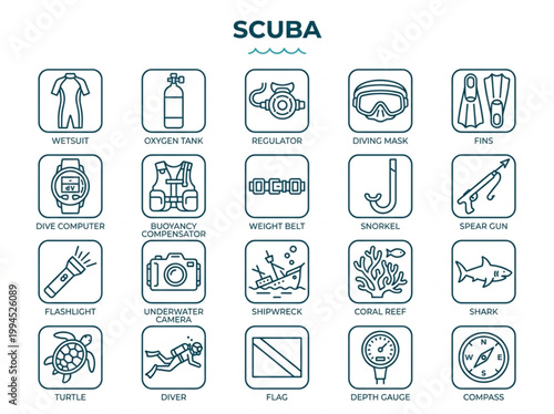 Comprehensive collection of dark teal line art scuba diving icons featuring professional underwater gear and marine life elements on a white background