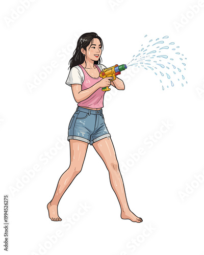 Flat style illustration, people enthusiastically celebrate the Songkran festival moment