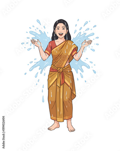 Flat style illustration, people enthusiastically celebrate the Songkran festival moment