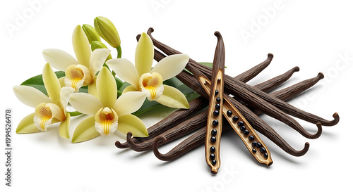 Isolated vanilla beans and orchids, showcasing natural ingredients for flavor and fragrance, food and cosmetic concepts