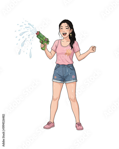 Flat style illustration, people enthusiastically celebrate the Songkran festival moment