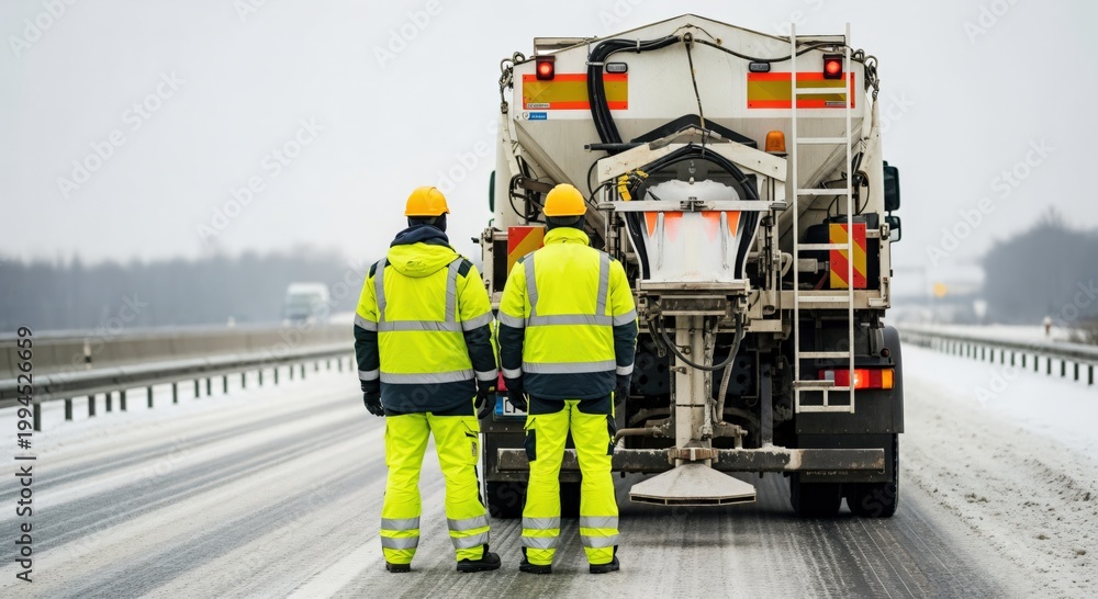 Naklejka premium Winter Road Maintenance Workers Operating Snowplow for Safe Highway Conditions