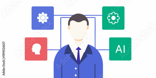 Man connected to various icons representing technology and artificial intelligence