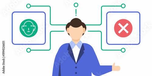 A woman contemplates choices represented by positive and negative symbols