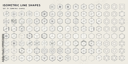 Collection of various isometric line shapes in grayscale tones