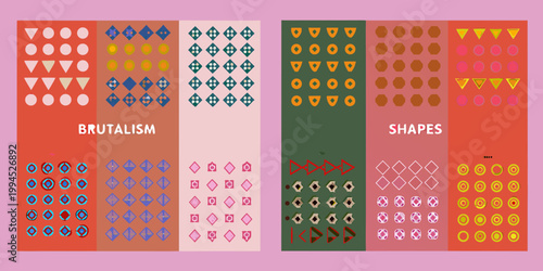 Colorful geometric patterns and text referencing brutalism and shapes