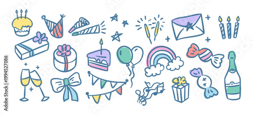 Happy Birthday Party Symbols Color Thin Line Set Hand Drawn Doodle Style. Vector illustration of Celebration Concept