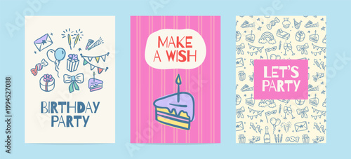 Happy Birthday Party Concept with Cake Poster Card Invitation Hand Drawn Doodle Style. Vector illustration of Cards