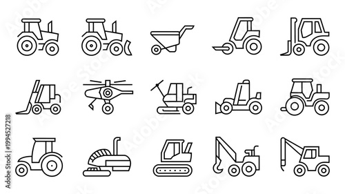 Set of fifteen line art agricultural machinery icons featuring tractors and construction vehicles for farm branding and industrial equipment design projects isolated