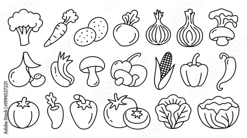 Assorted vegetable line art icons set for healthy eating and organic food branding projects featuring fresh produce for nutrition and grocery store marketing