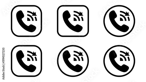 Collection of six telephone handset icons with incoming call signals in both square and circular frames for communication technology and business contact interfaces