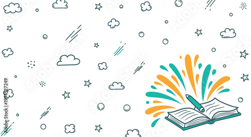 Creative writing, education icons, book with pen, colorful illustrations, learning symbols