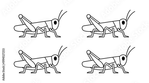 Four simple black and white line art illustrations of grasshoppers arranged in a grid