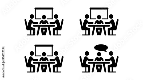 Four black and white icon illustrations depicting a business meeting with a projector screen