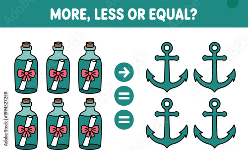 Educational math comparison illustration with teal bottles and anchors teaching more less or equal concept in simple vector design