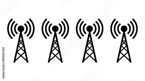 Set of four telecommunication tower icons representing network connectivity and wireless signal transmission for technology branding and infrastructure design