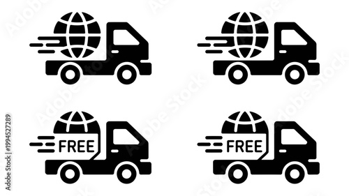 Four black and white icons of delivery trucks with globes and 'free' text