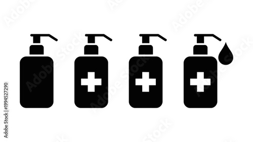 Four black silhouette icons of hand sanitizer bottles with plus signs and one dispensing liquid