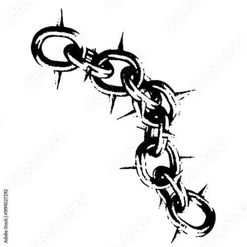 Fotografie Spiked metal chain links with sharp thorns, punk gothic tattoo design isolated o