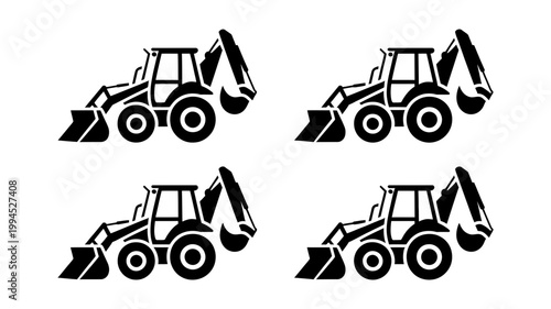 Four black and white silhouette illustrations of a backhoe loader construction vehicle